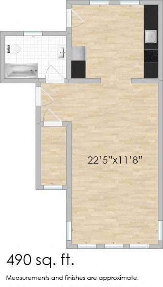 Floor plan for studio, 1 bath, 490 sqft